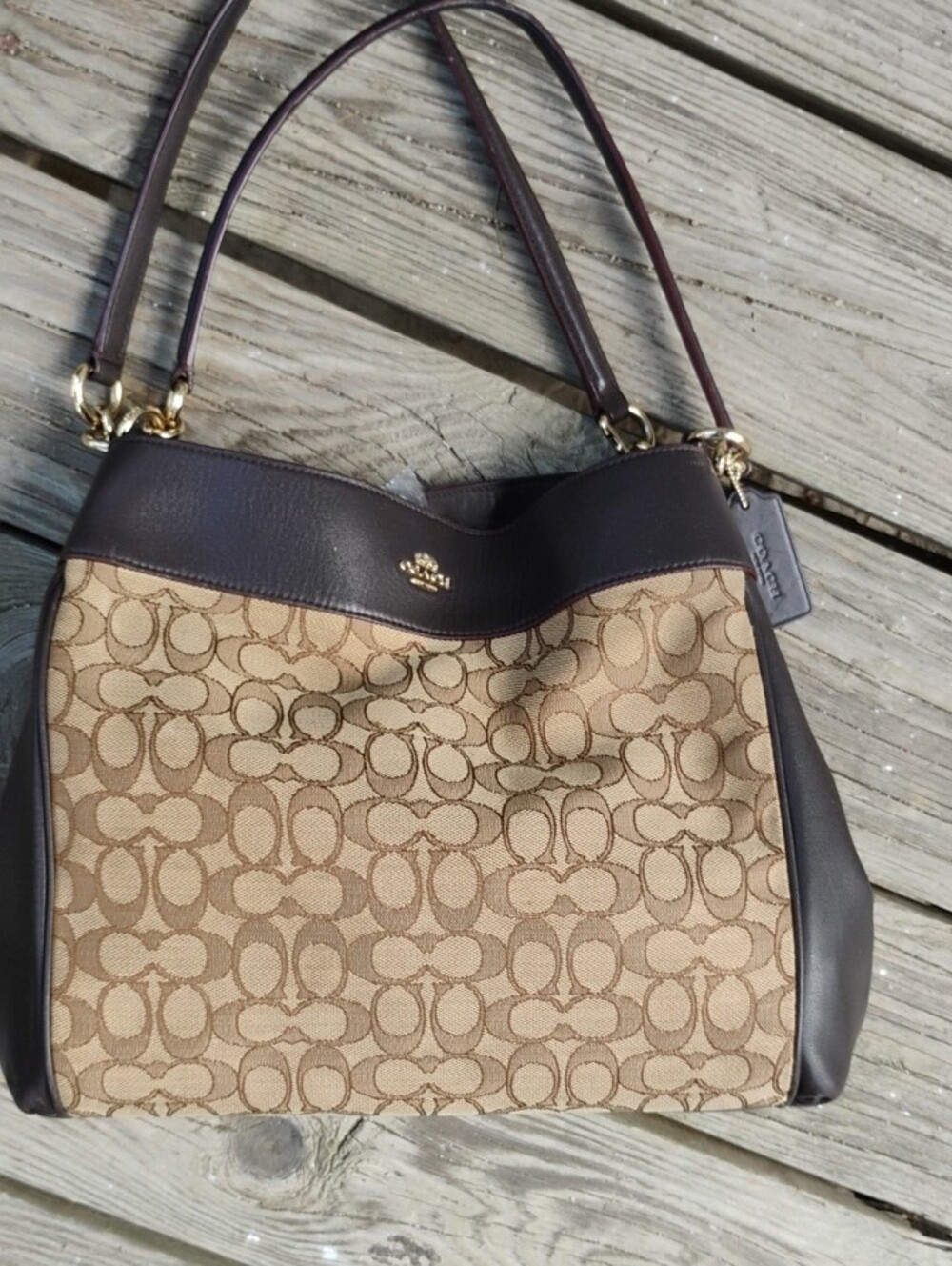 Coach Lexy Tan Signature Canvas Shoulder Bag with Dark Brown Trim. - Picture 3 of 15